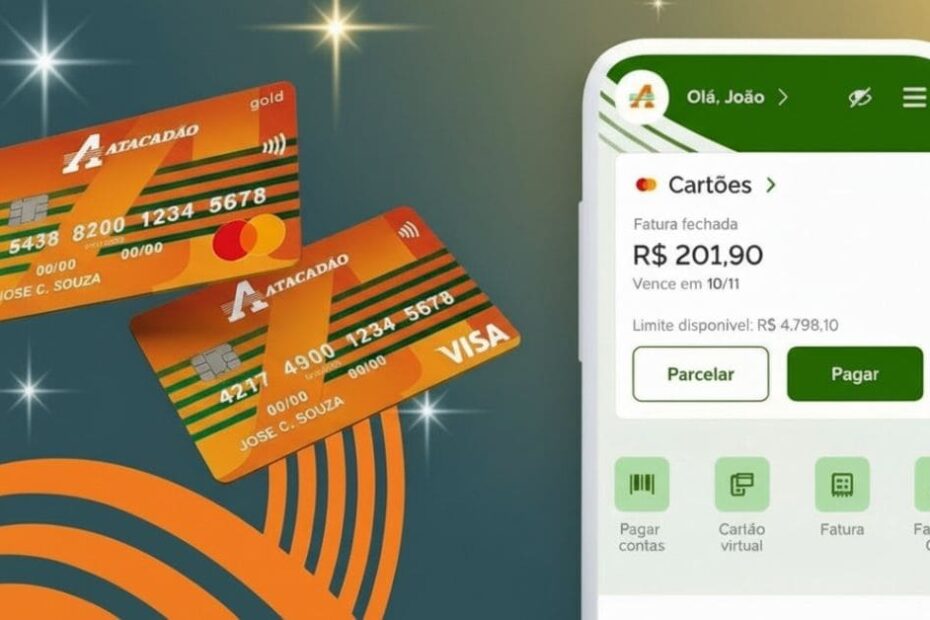 Dois cartões Atacadão (Mastercard Gold e Visa) e a tela do aplicativo mostrando informações da fatura.