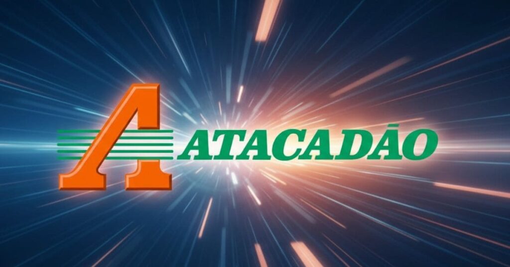 Logotipo do Atacadão com um 'A' laranja e o resto do nome em verde, contra um fundo abstrato azul com raios de luz.