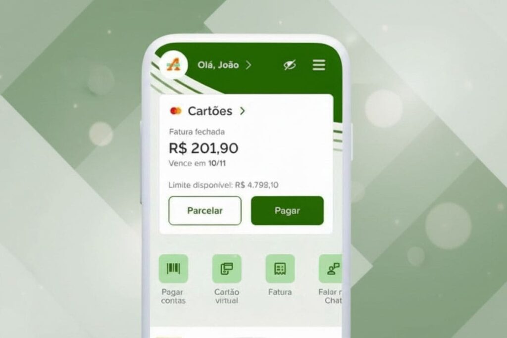 Tela de celular exibindo a fatura digital do cartão Atacadão no aplicativo, mostrando o valor de R$201,90 e opções para parcelar ou pagar.