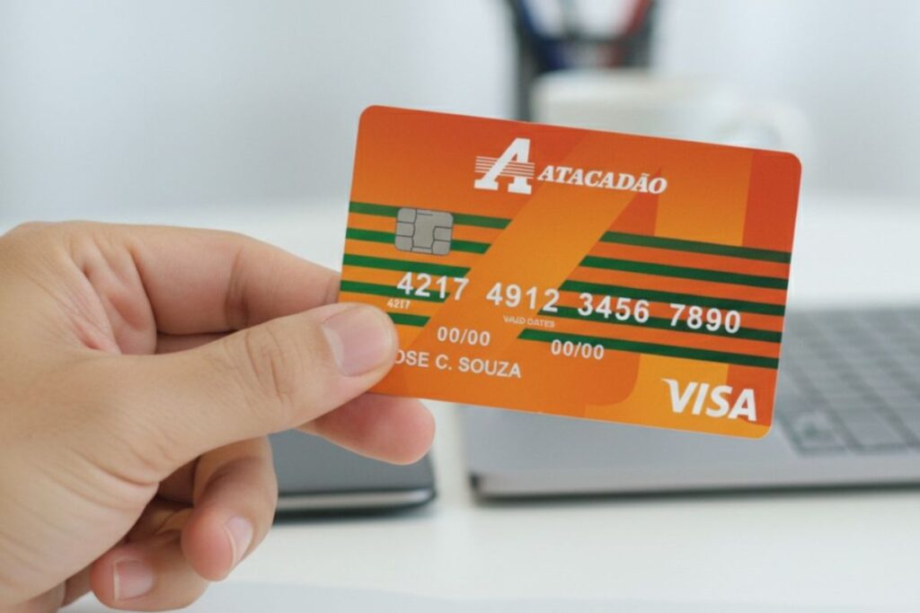 Mão segurando um cartão Atacadão Visa laranja com listras horizontais verdes e número visível.