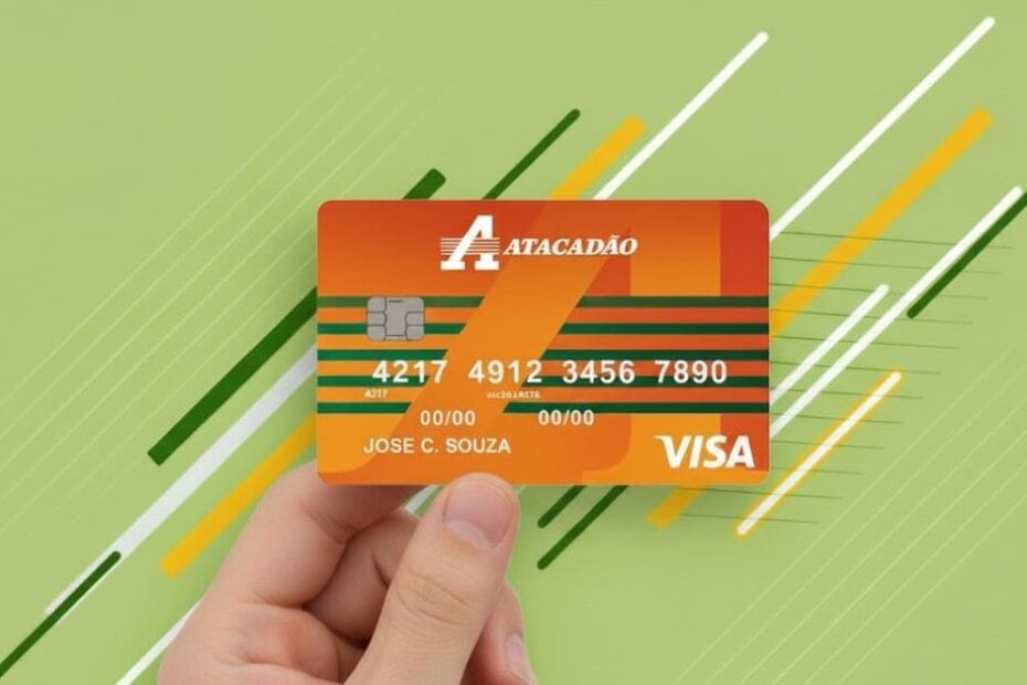 Mão segurando um cartão de crédito Atacadão Visa, ilustrando a possibilidade de parcelamento de compras.