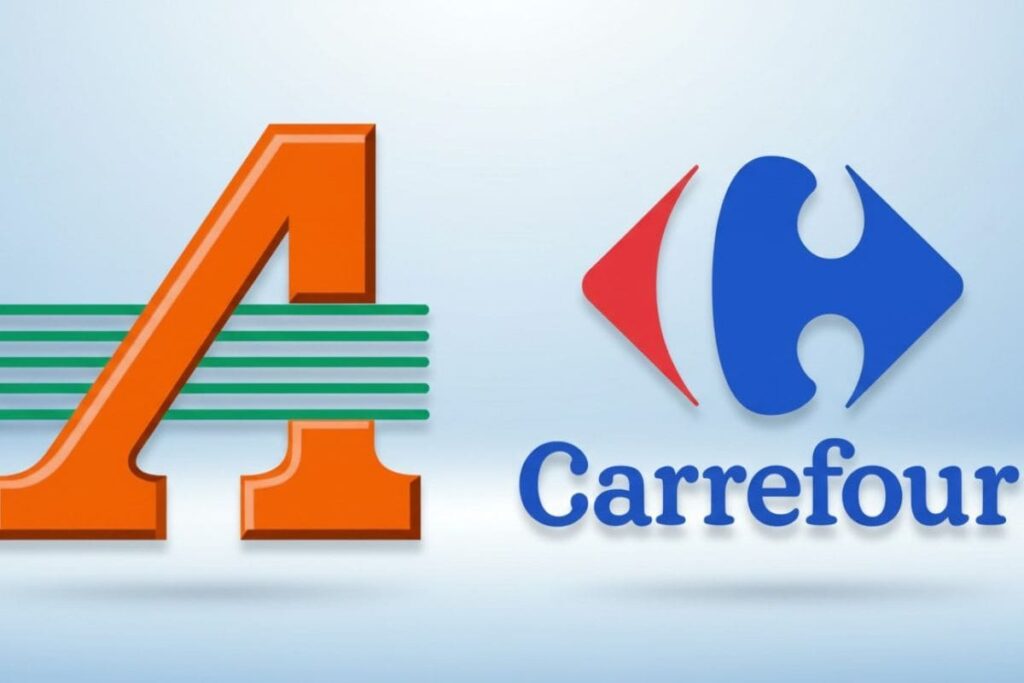 Logotipos do Atacadão e Carrefour lado a lado.